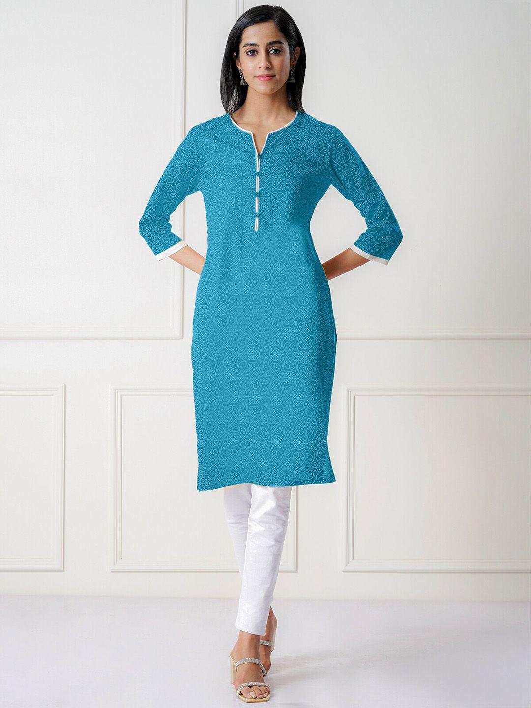 rangita women turquoise blue thread work kurta