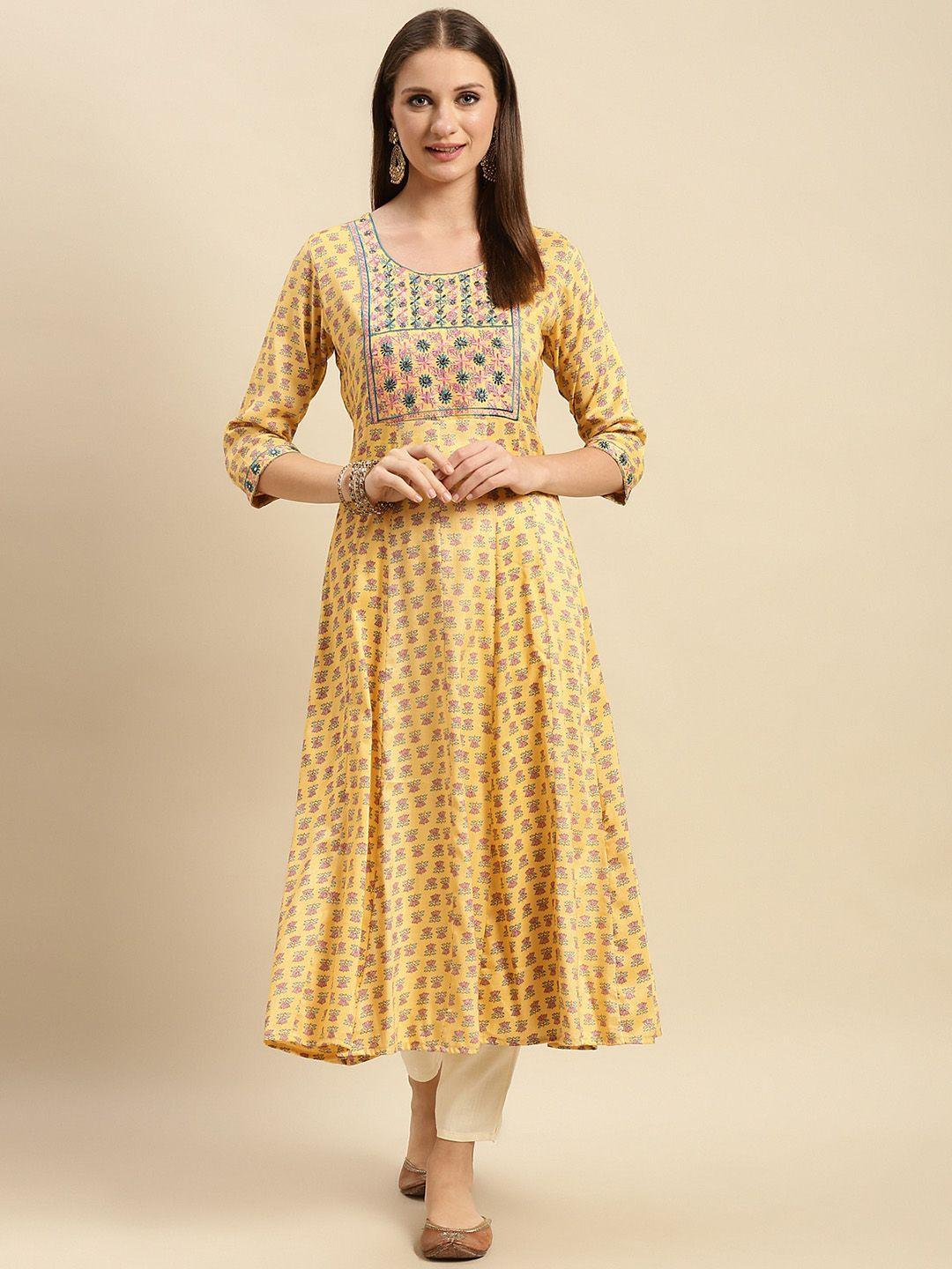 rangita women yellow ethnic motifs printed mirror work kurta