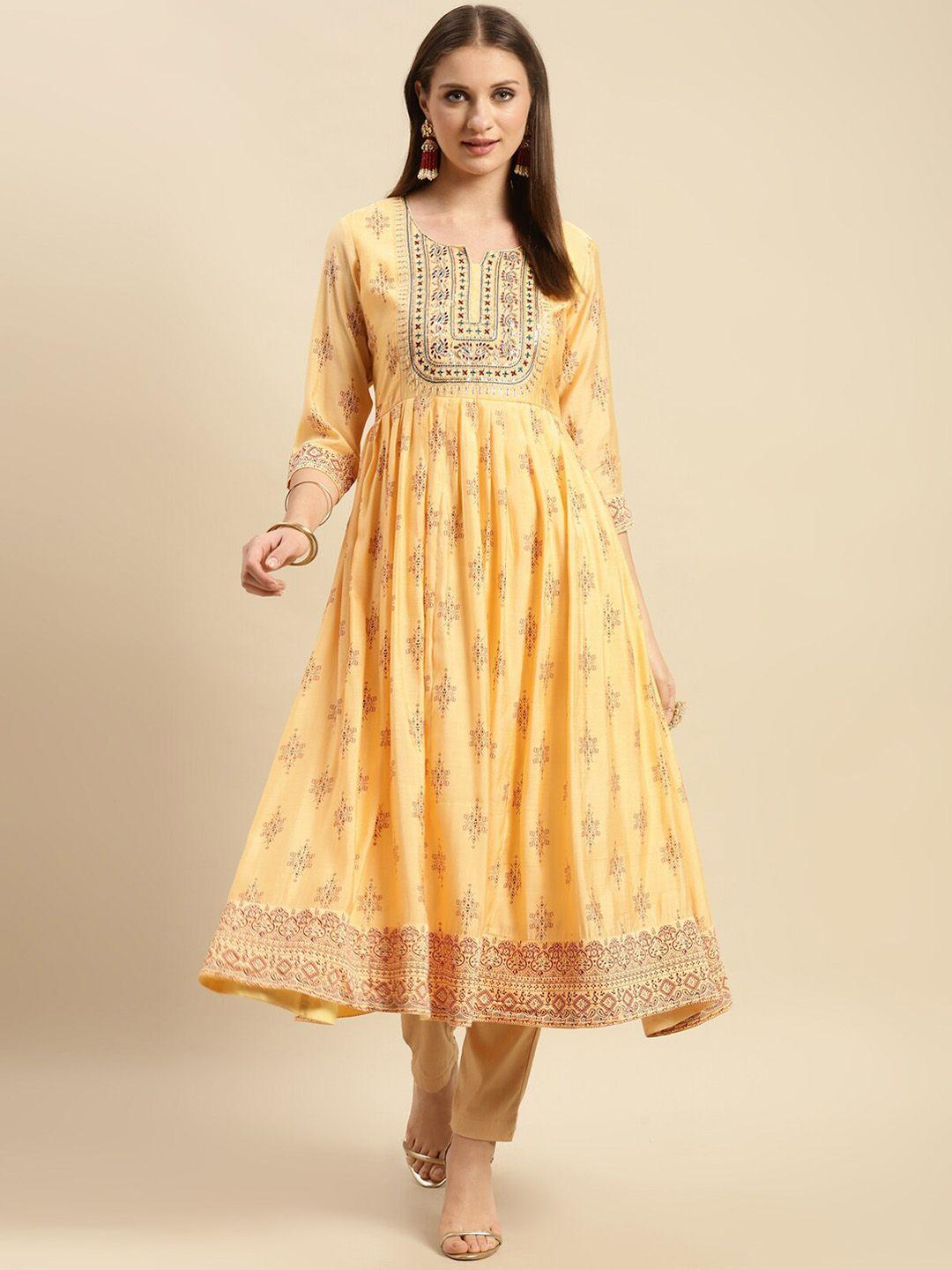 rangita women yellow ethnic motifs yoke design gotta patti anarkali kurta