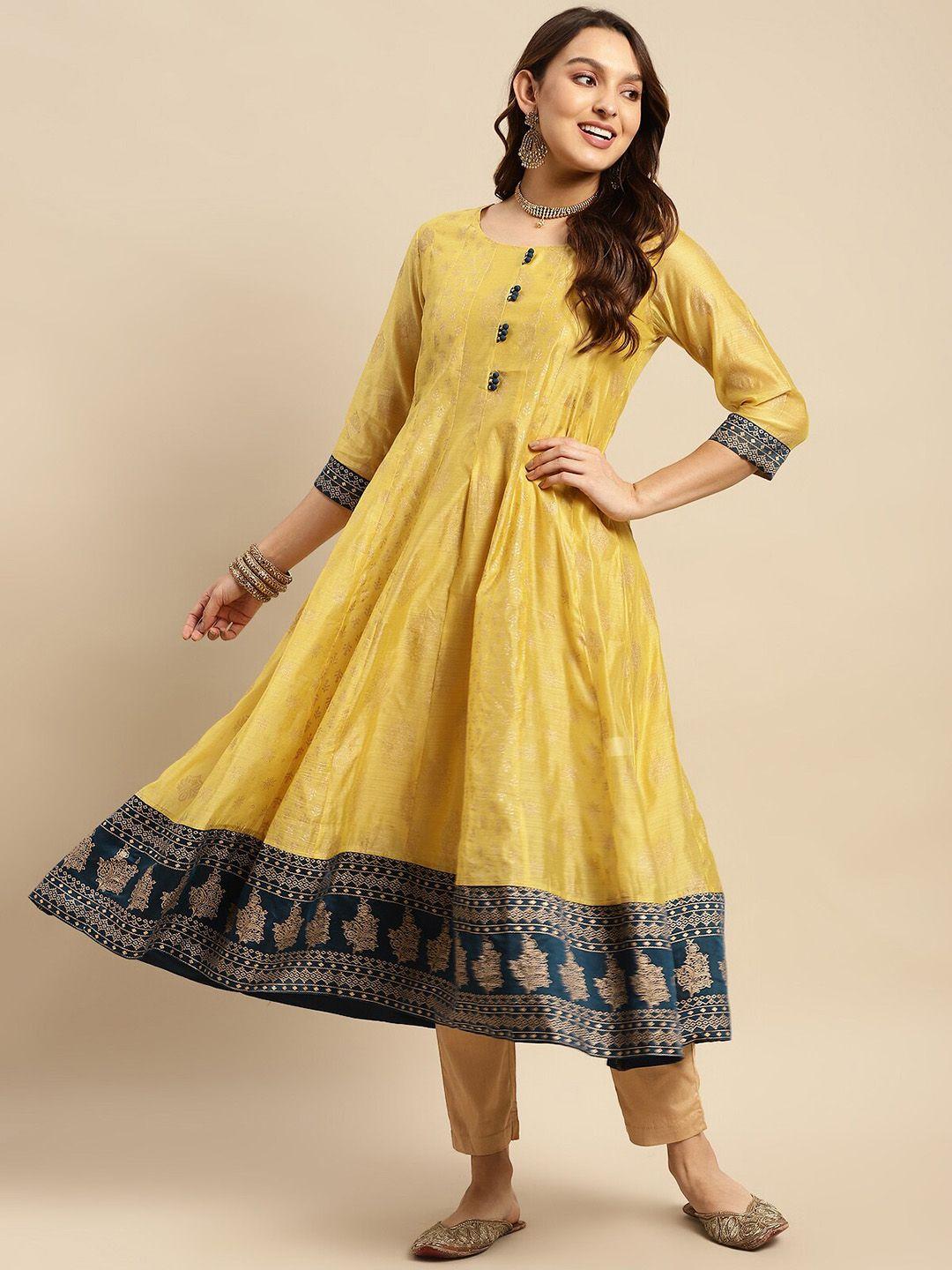 rangita women yellow flared sleeves mirror work chanderi silk kurta