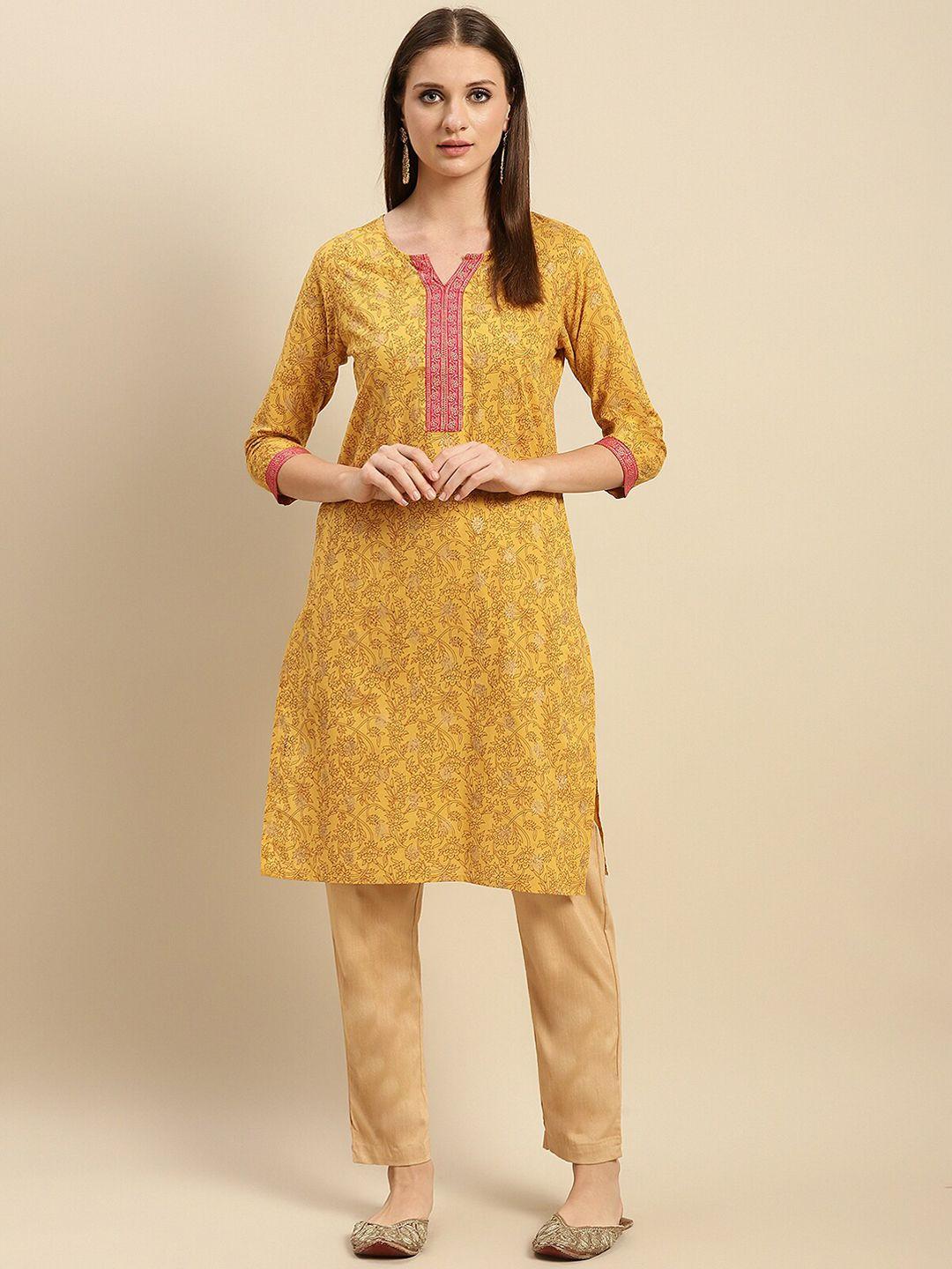 rangita women yellow floral printed mirror work kurta