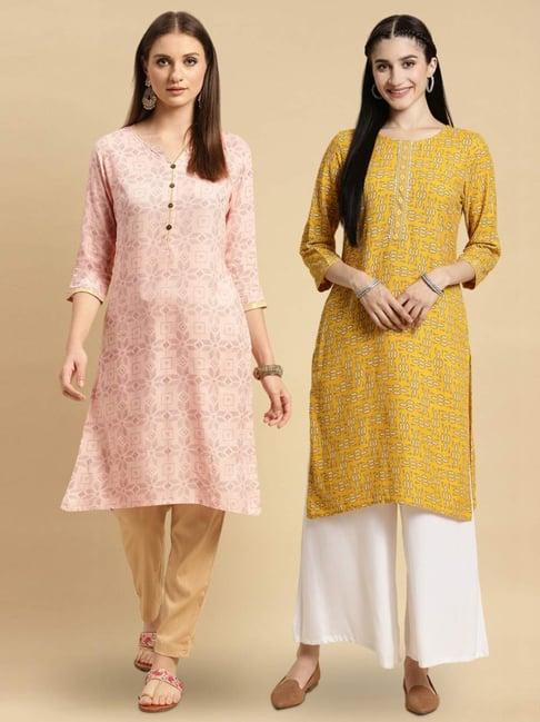 rangita yellow & peach floral print straight kurta - pack of 2