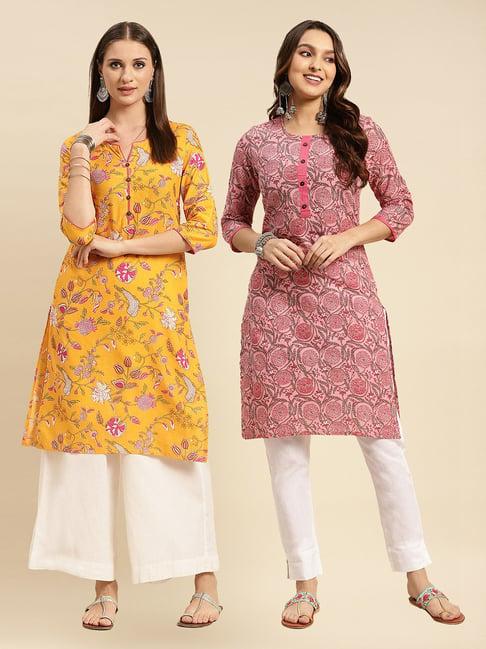 rangita yellow & pink floral print straight kurti - pack of 2