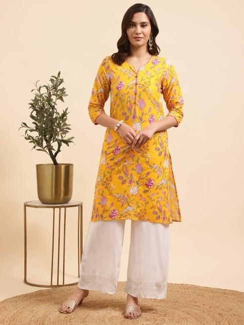 rangita yellow & white cotton floral print kurta palazzo set