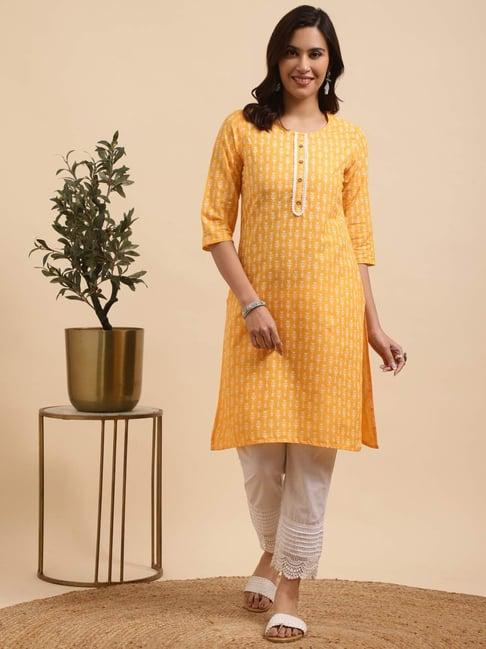 rangita yellow & white cotton printed kurta pant set