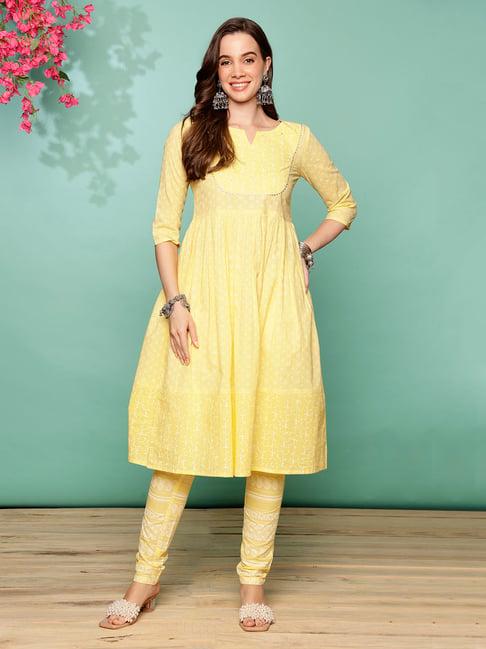 rangita yellow cotton printed kurta pant set