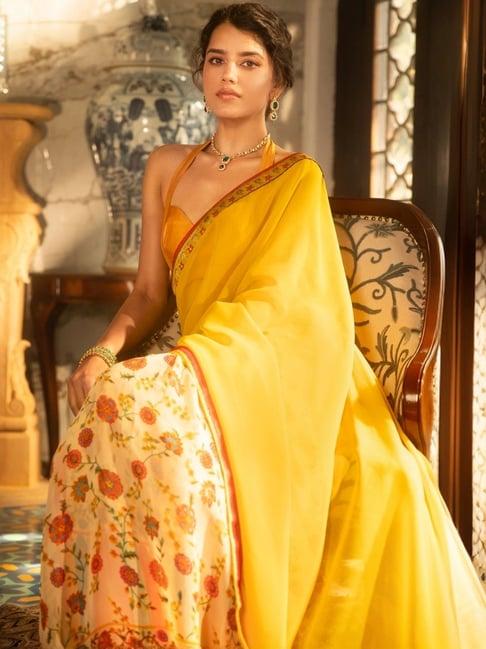 rangita yellow floral print saree with unstitched blouse