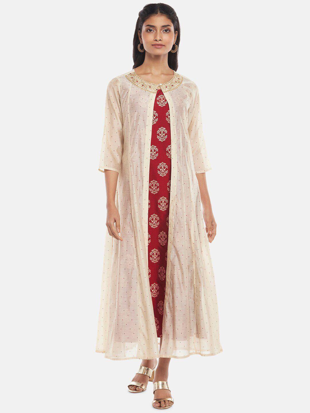 rangmanch by pantaloons beige & maroon ethnic motifs embroidered a-line maxi dress