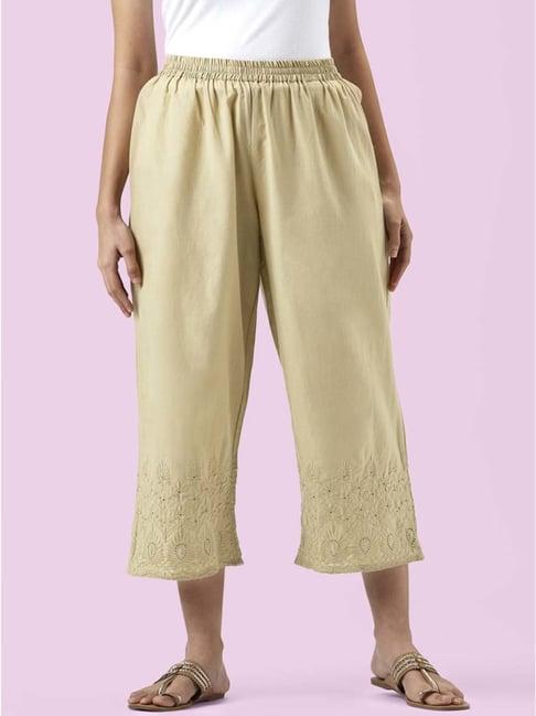 rangmanch by pantaloons beige cotton embroidered palazzos
