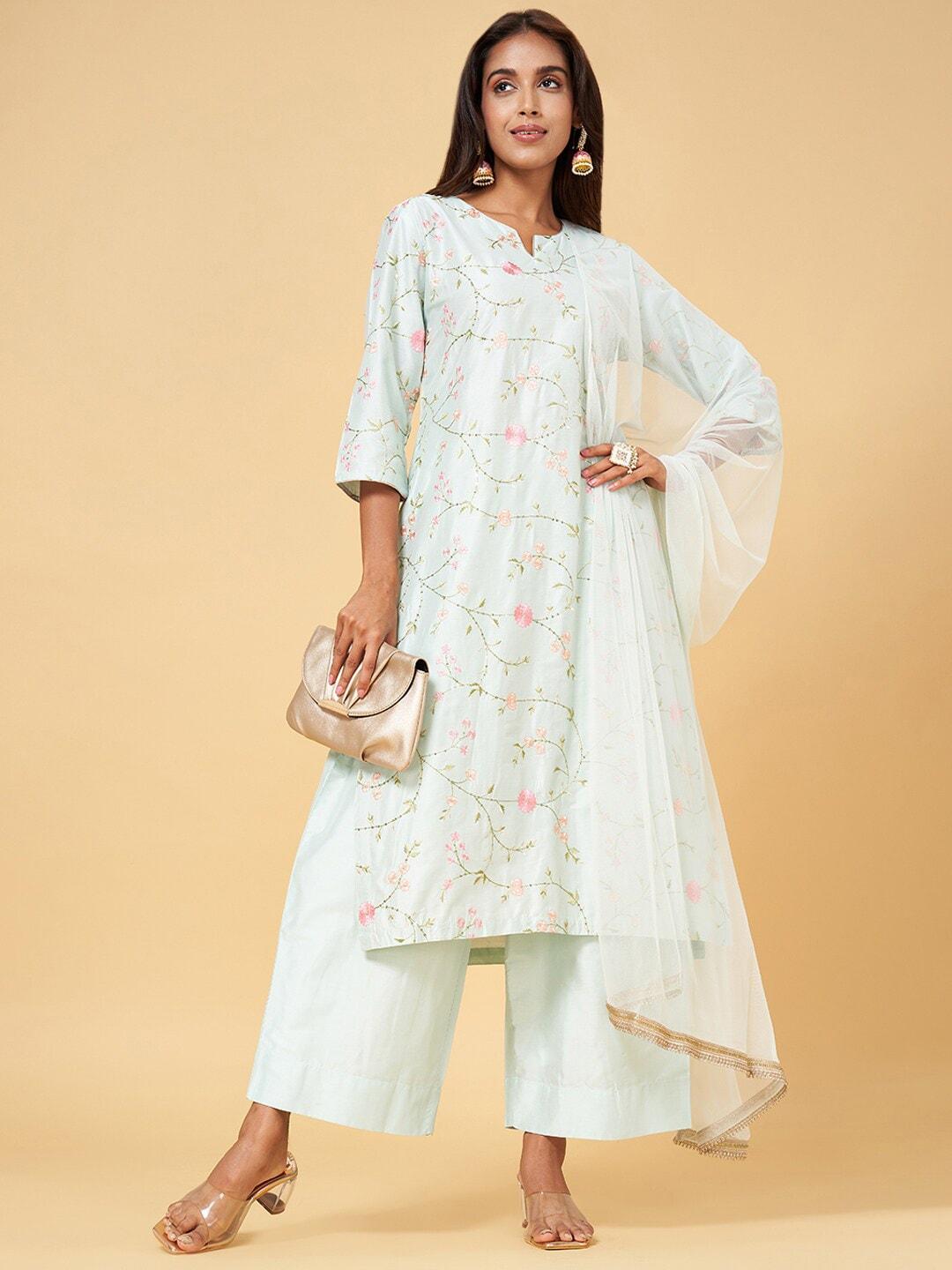 rangmanch by pantaloons floral embroidered sequinned kurta with trousers & dupatta