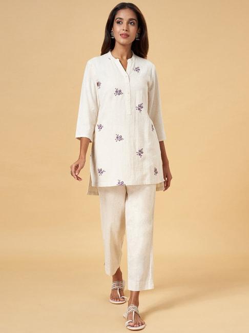 rangmanch by pantaloons off-white cotton embroidered tunic