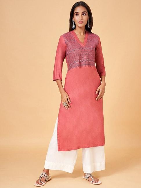 rangmanch by pantaloons pink embroidered straight kurta