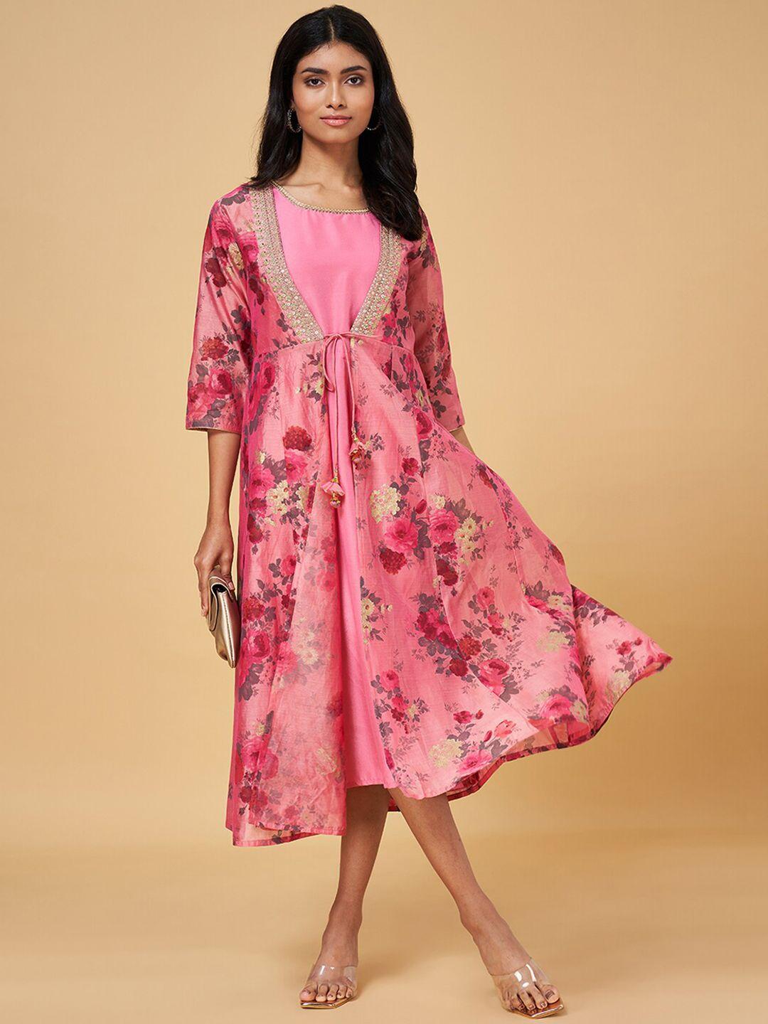 rangmanch by pantaloons pink floral print a-line midi dress
