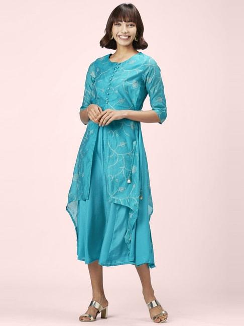 rangmanch by pantaloons turquoise embroidered assymetric double layered dress
