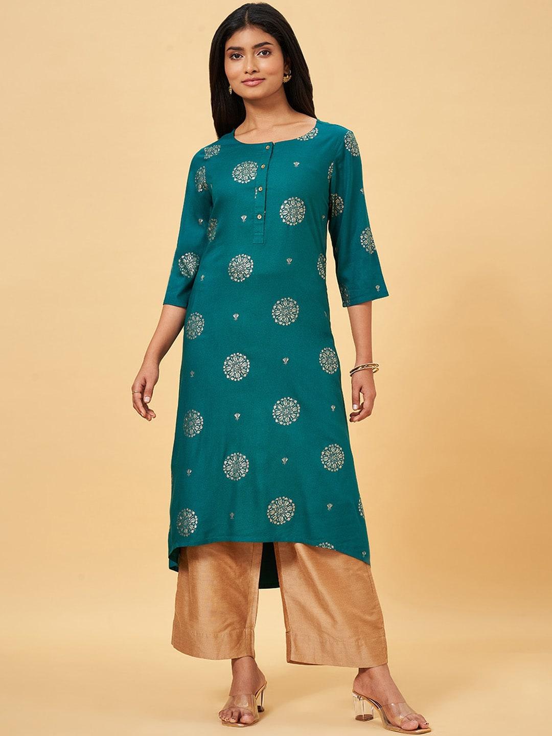 rangmanch by pantaloons women ethnic motifs printed keyhole neck flared sleeves thread work kurta