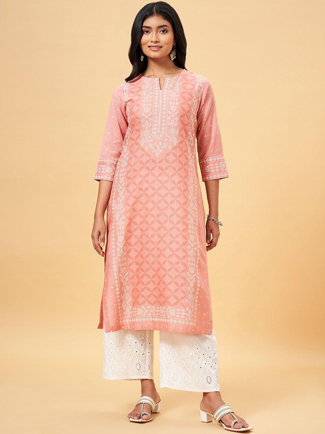 rangmanch by pantaloons women geometric embroidered keyhole neck flared sleeves thread work kurta
