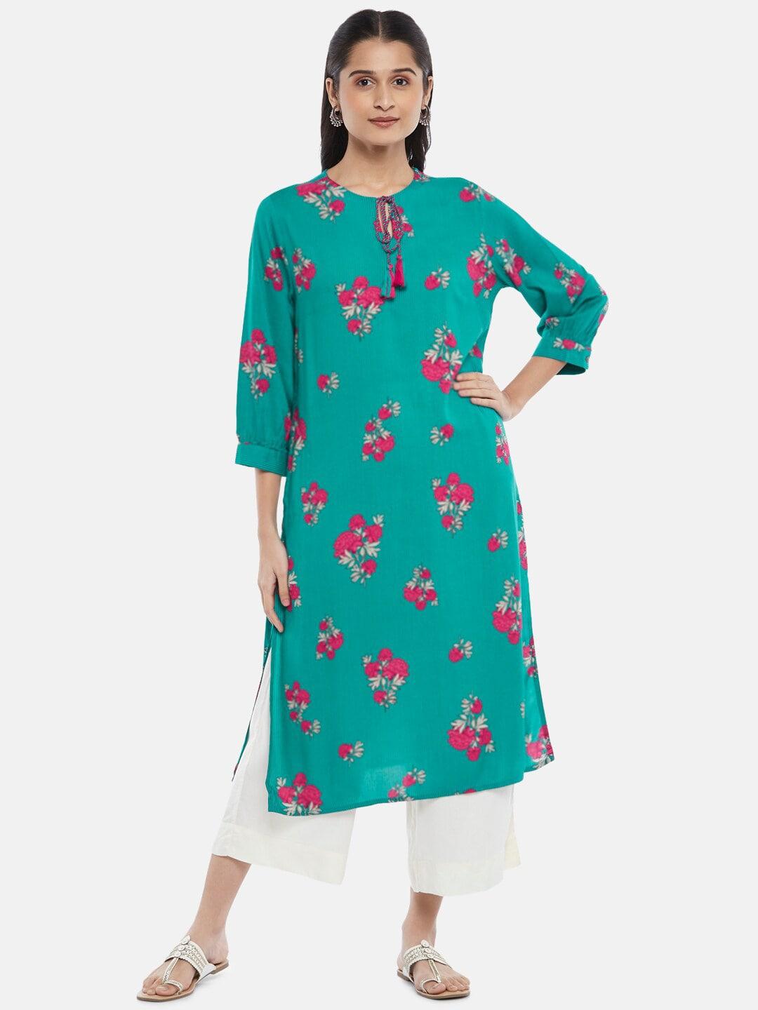 rangmanch by pantaloons women green & fuchsia pink floral printed cotton kurta