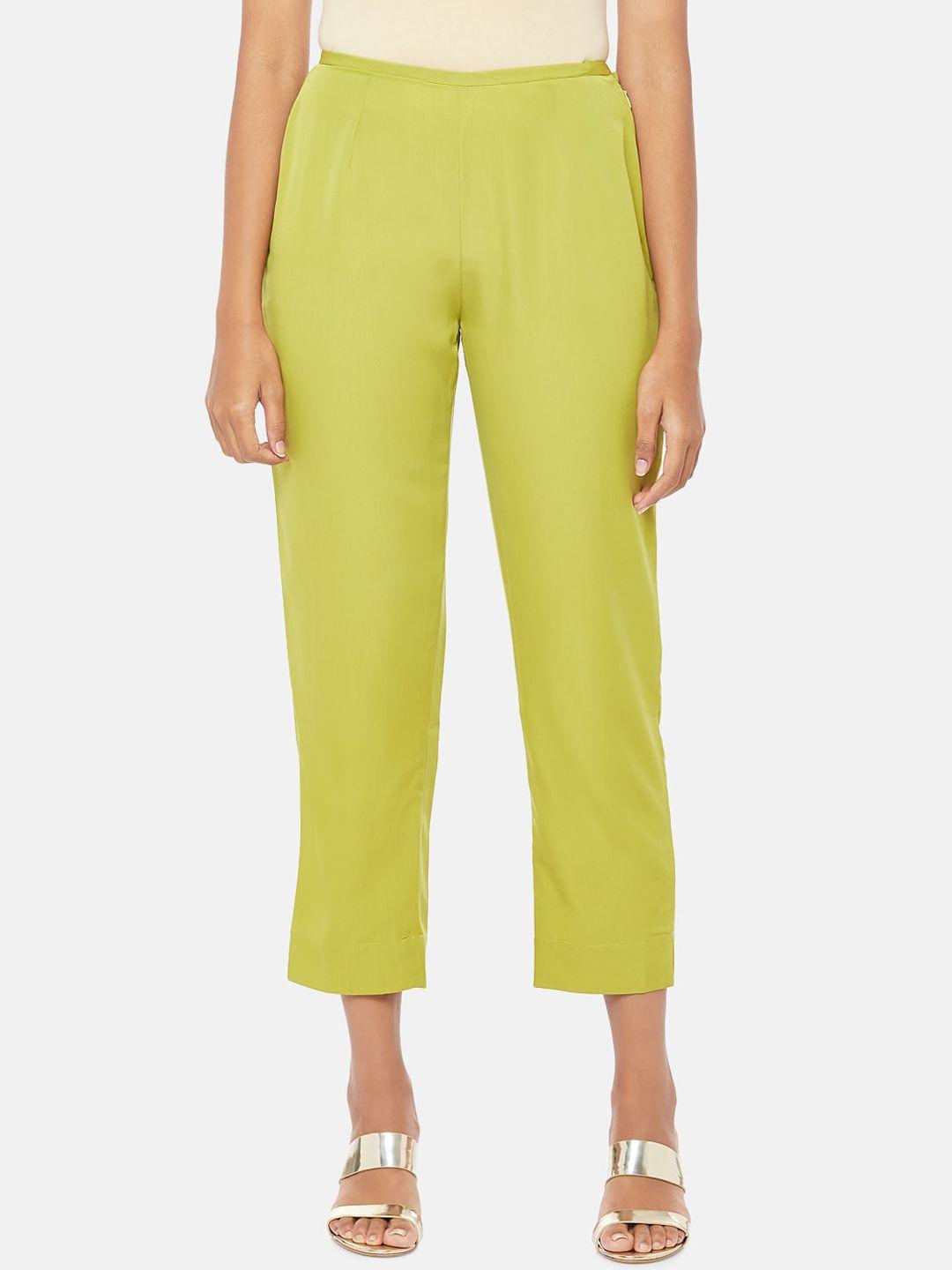 rangmanch by pantaloons women lime green regular fit solid cigarette trousers