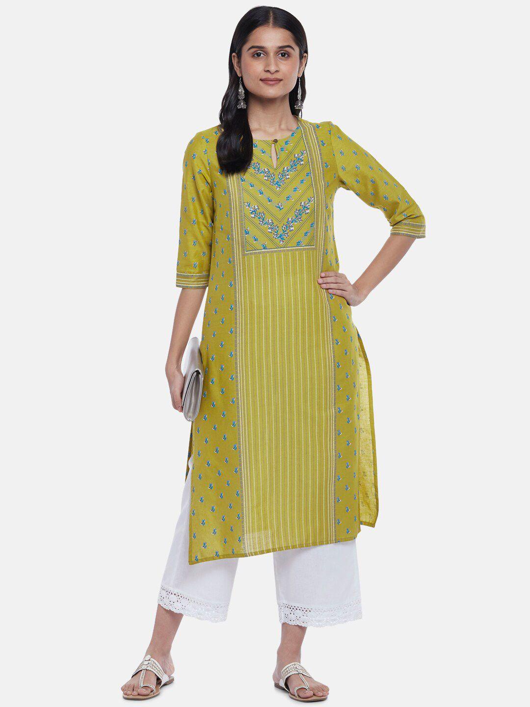 rangmanch by pantaloons women mustard yellow ethnic motifs striped keyhole neck kurta