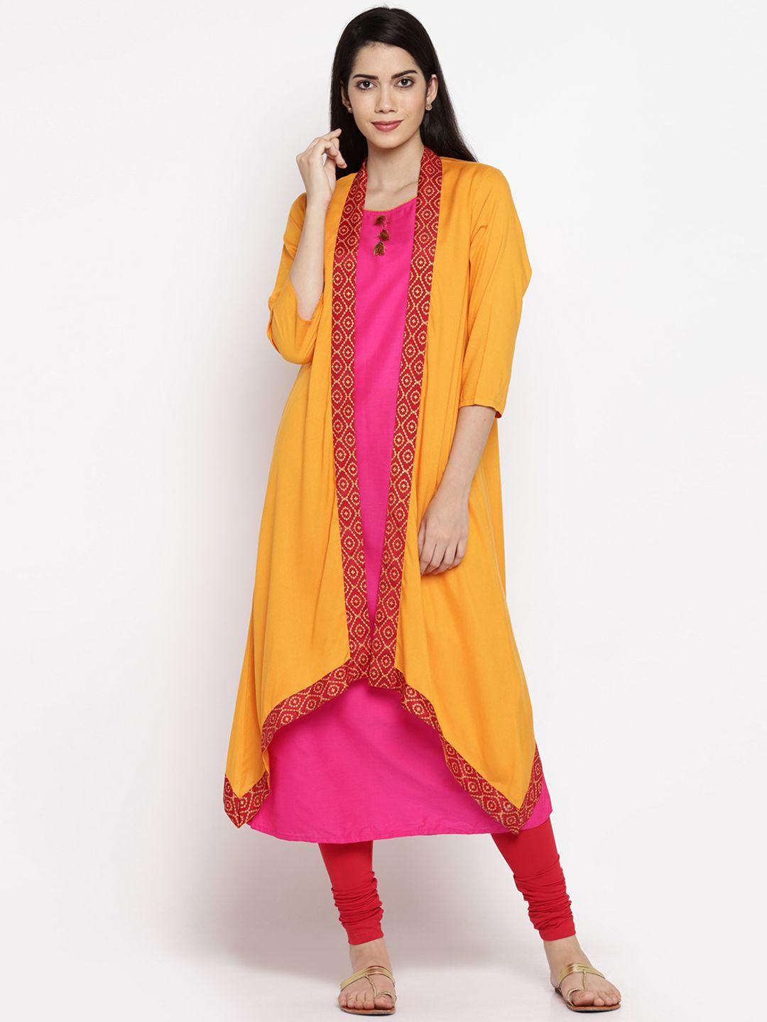 rangmanch by pantaloons women pink solid straight kurta with ethnic jacket