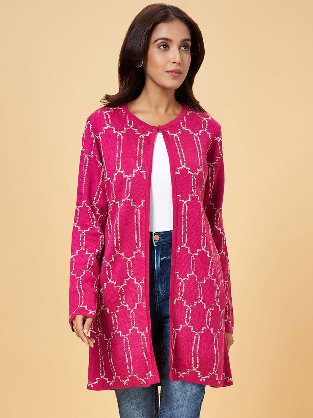 rangmanch by pantaloons women pink white geometric acrylic longline open front jacket