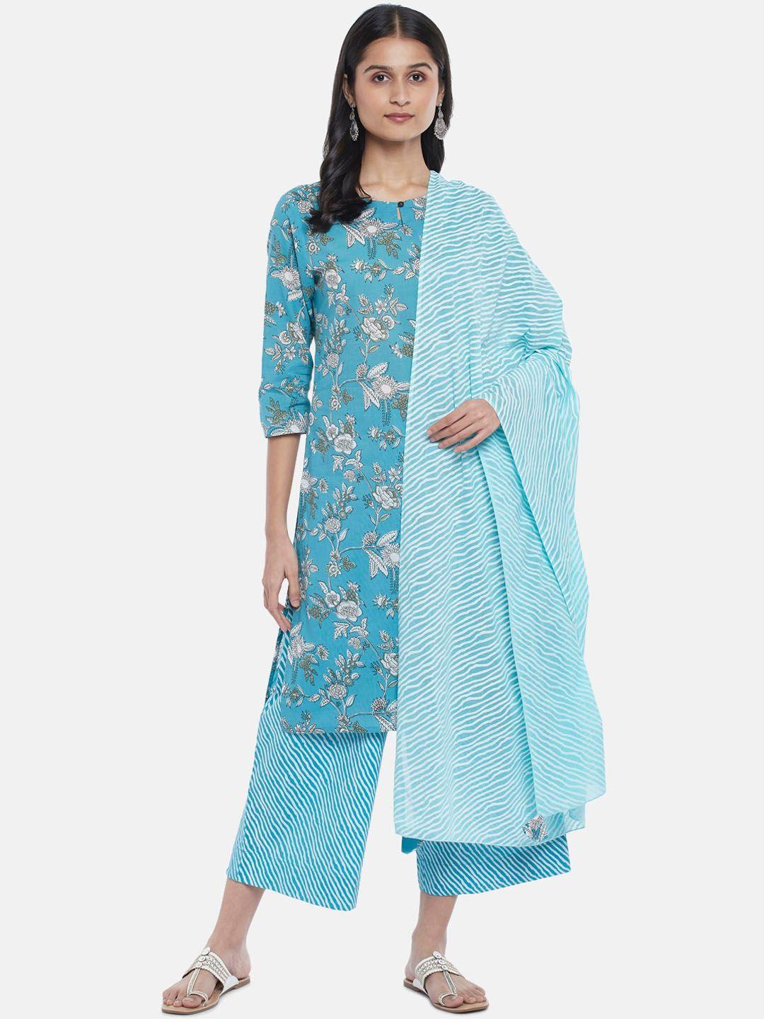 rangmanch by pantaloons women turquoise blue floral printed pure cotton kurta with palazzos & dupatta