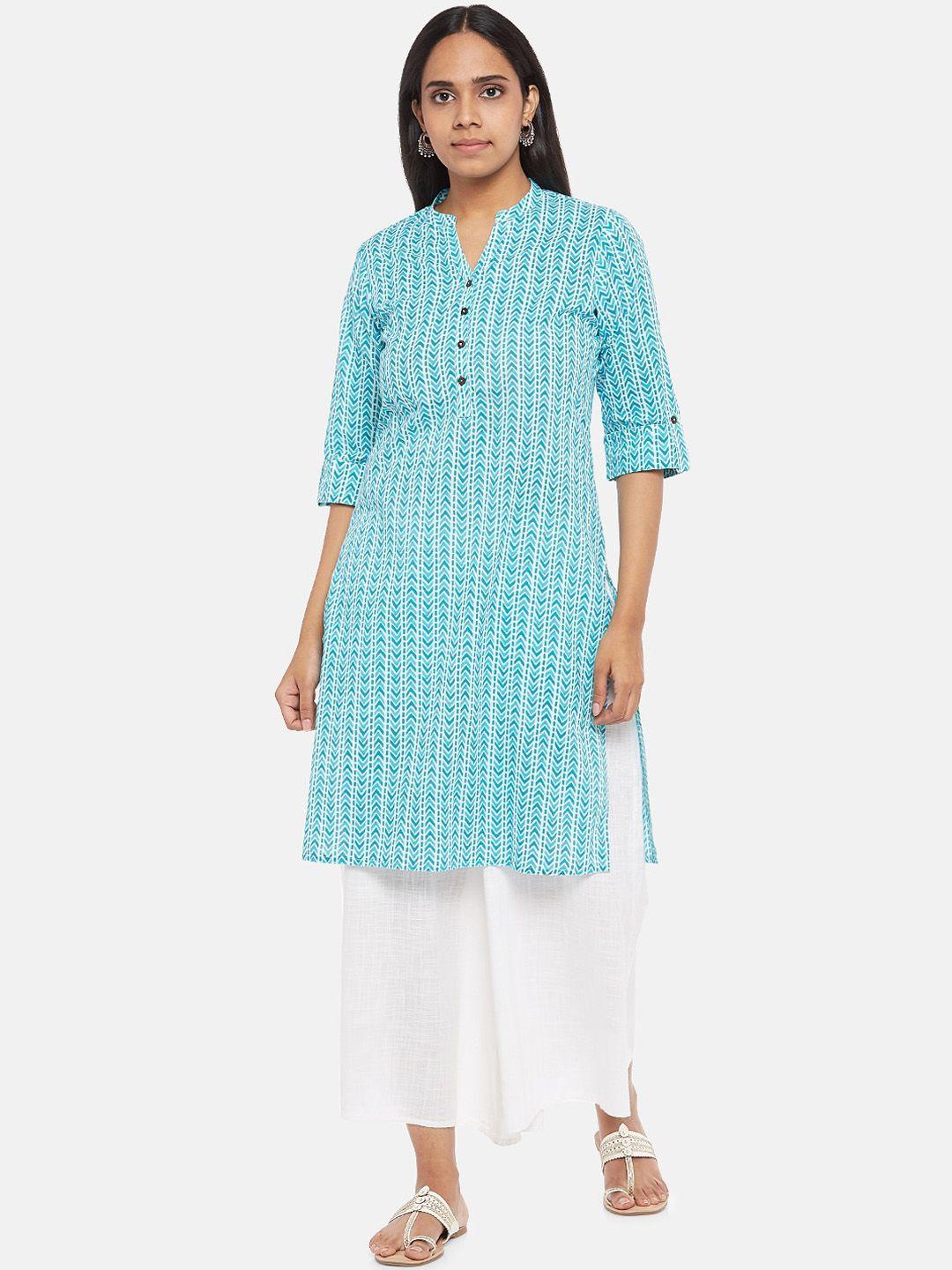 rangmanch-by-pantaloons-women-turquoise-blue-geometric-striped-thread-work-kurta