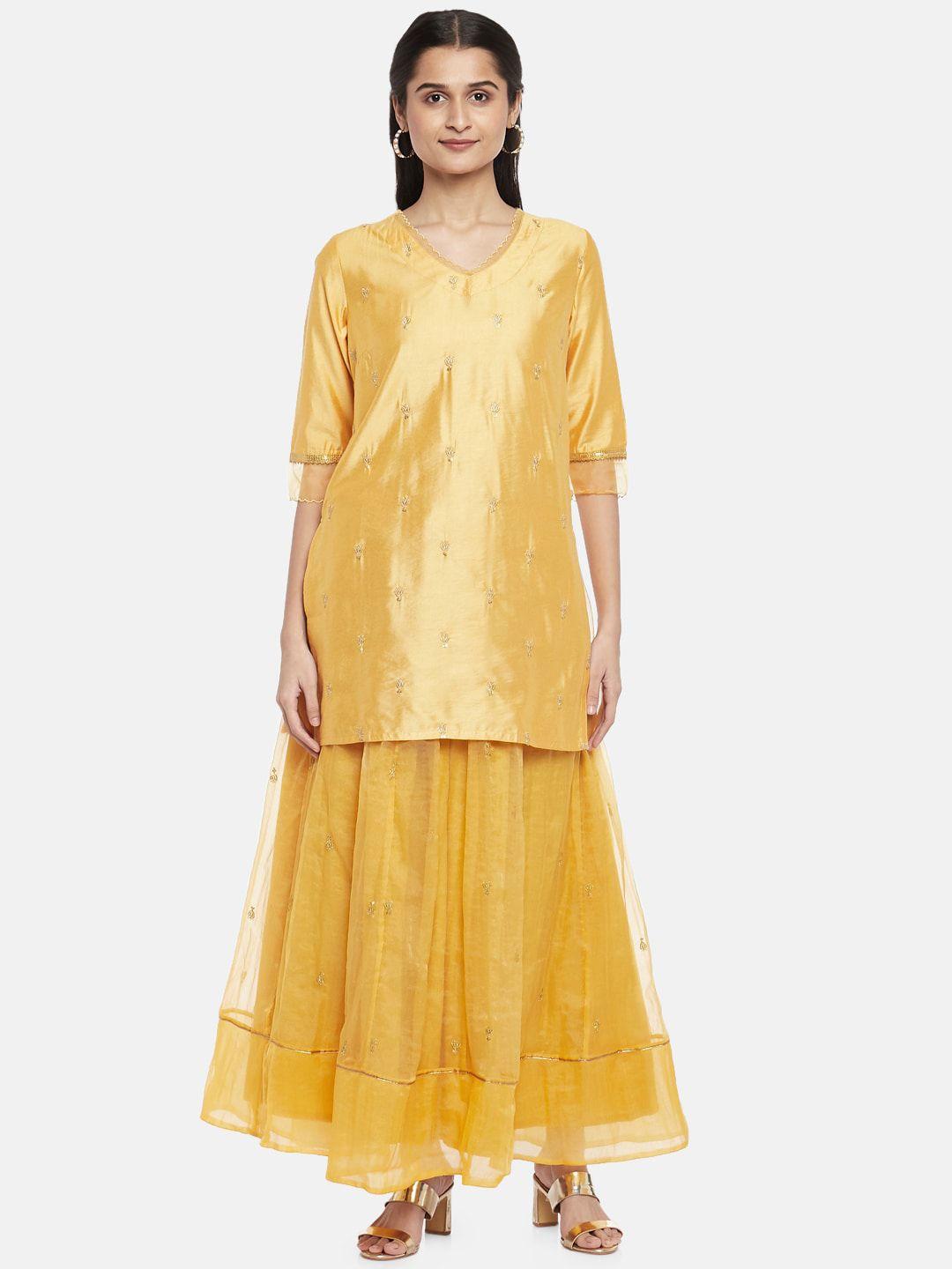 rangmanch by pantaloons women yellow embroidered regular kurta with skirt & dupatta set