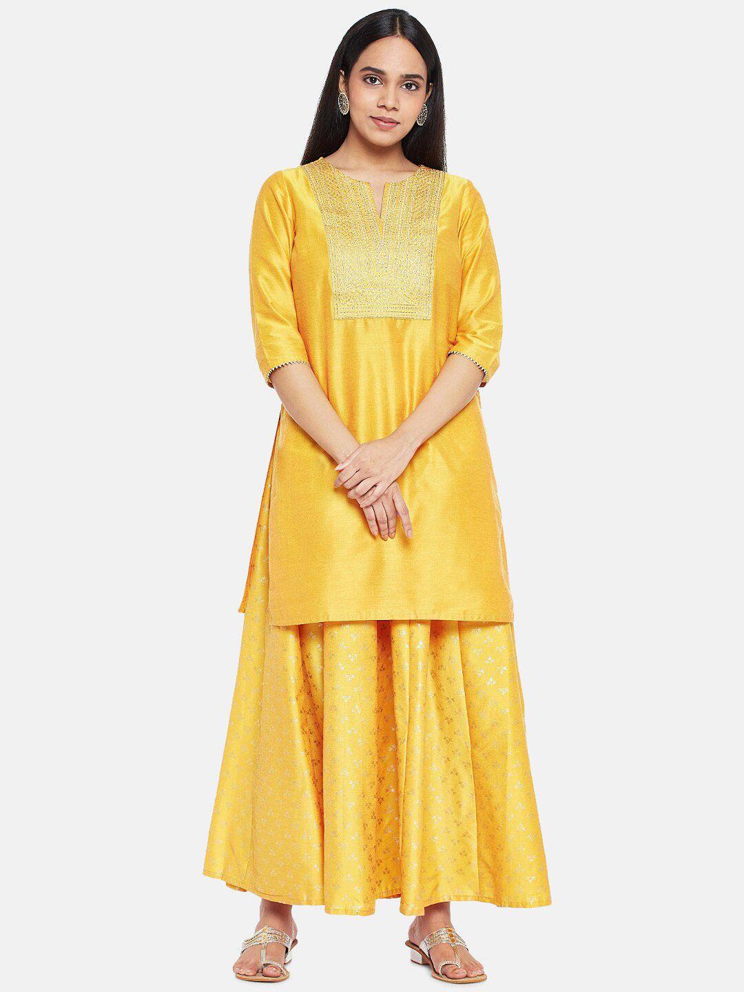 rangmanch by pantaloons women yellow floral yoke design gotta patti kurta with skirt