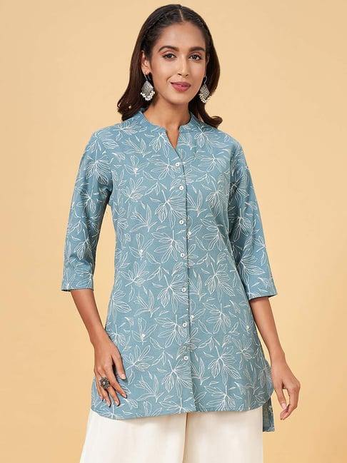 rangmanch by pantaloons aqua blue cotton floral print tunic