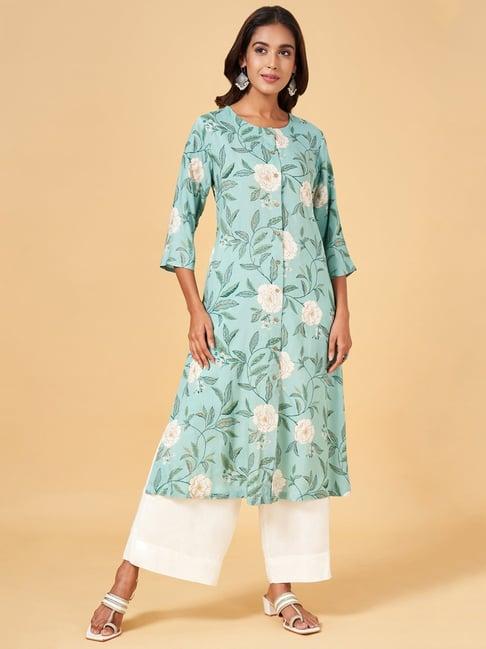 rangmanch by pantaloons aqua blue floral print a line kurta