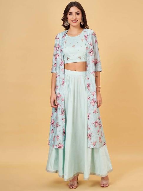 rangmanch by pantaloons aqua blue floral print crop top skirt set with shrug