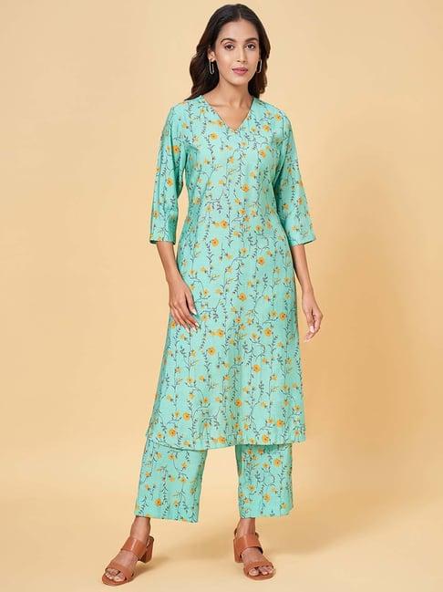 rangmanch by pantaloons aqua green floral print kurta pant set