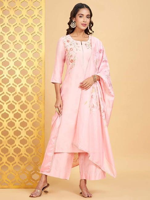 rangmanch by pantaloons baby pink embroidered kurta palazzo set with dupatta