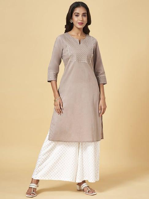 rangmanch by pantaloons beige cotton embellished straight kurta