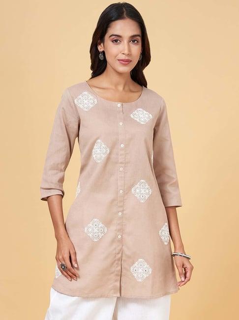 rangmanch by pantaloons beige cotton embroidered a line kurti