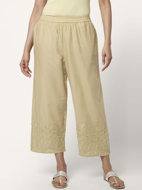 rangmanch by pantaloons beige cotton embroidered palazzos