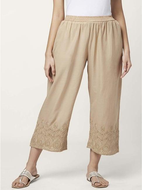 rangmanch by pantaloons beige cotton embroidered pants