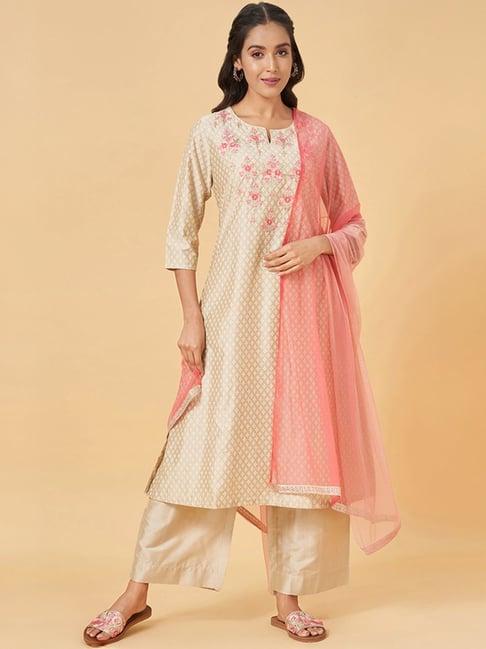 rangmanch by pantaloons beige embroidered kurta palazzo set with dupatta