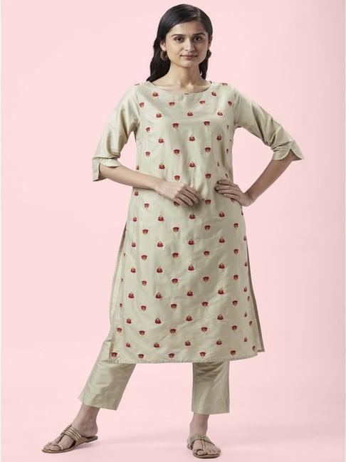 rangmanch by pantaloons beige embroidered kurta pant set with dupatta