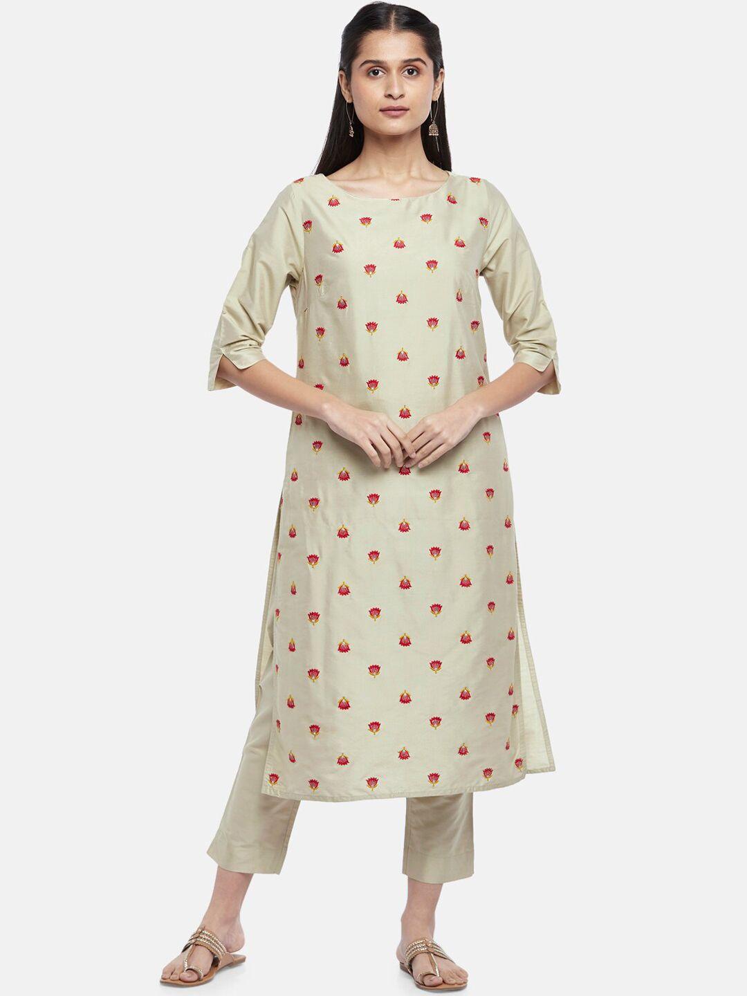 rangmanch by pantaloons beige floral embroidered kurta with trousers & with dupatta