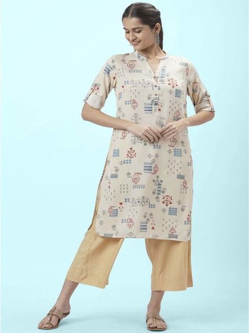 rangmanch by pantaloons beige printed straight kurta