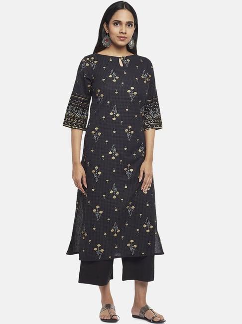 rangmanch by pantaloons black cotton floral print kurta palazzo set