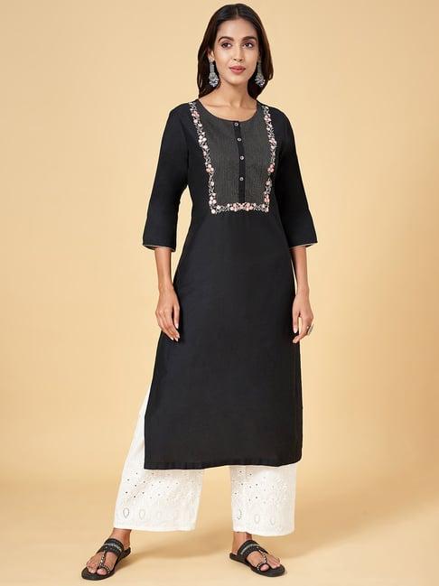 rangmanch by pantaloons black embroidered straight kurta