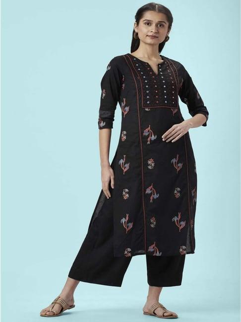 rangmanch by pantaloons black floral print straight kurta with dupatta set