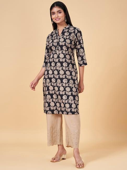 rangmanch by pantaloons black floral print straight kurta