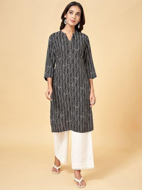 rangmanch by pantaloons black printed straight kurta