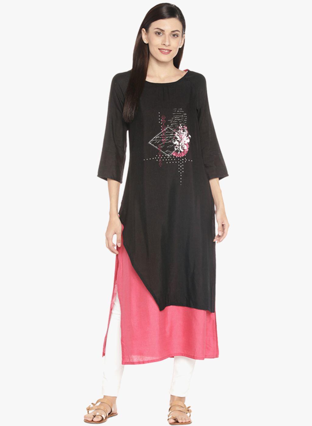 rangmanch by pantaloons black solid layered straight kurta