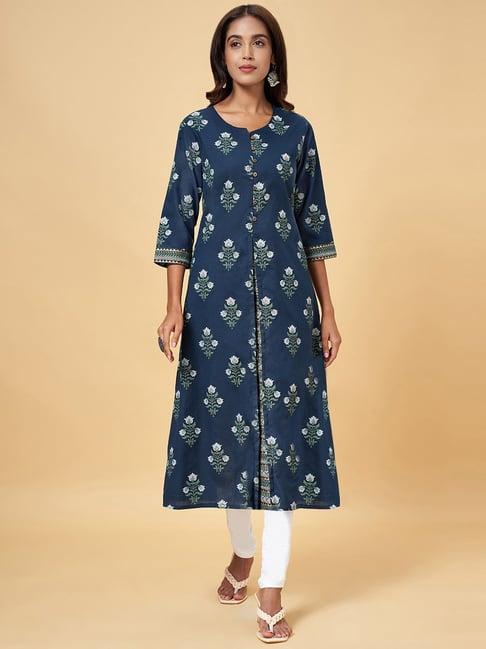 rangmanch by pantaloons blue cotton floral print a line kurta