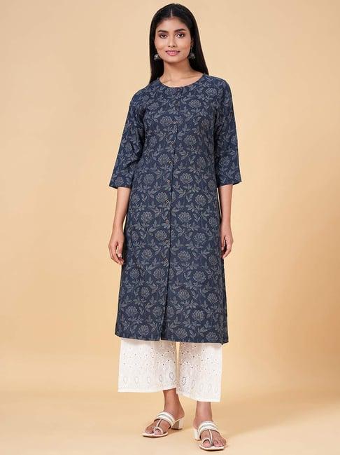 rangmanch by pantaloons blue cotton floral print straight kurta